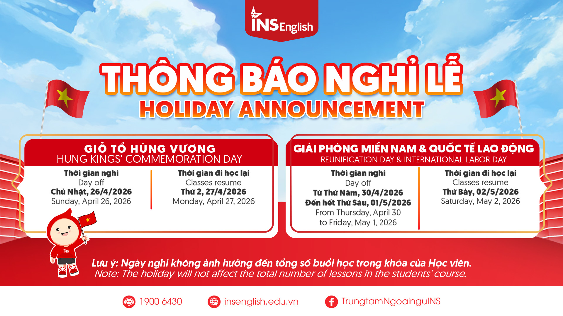 THÔNG BÁO NGHỈ LỄ GIỖ TỔ HÙNG VƯƠNG, 30/04 & 01/05
